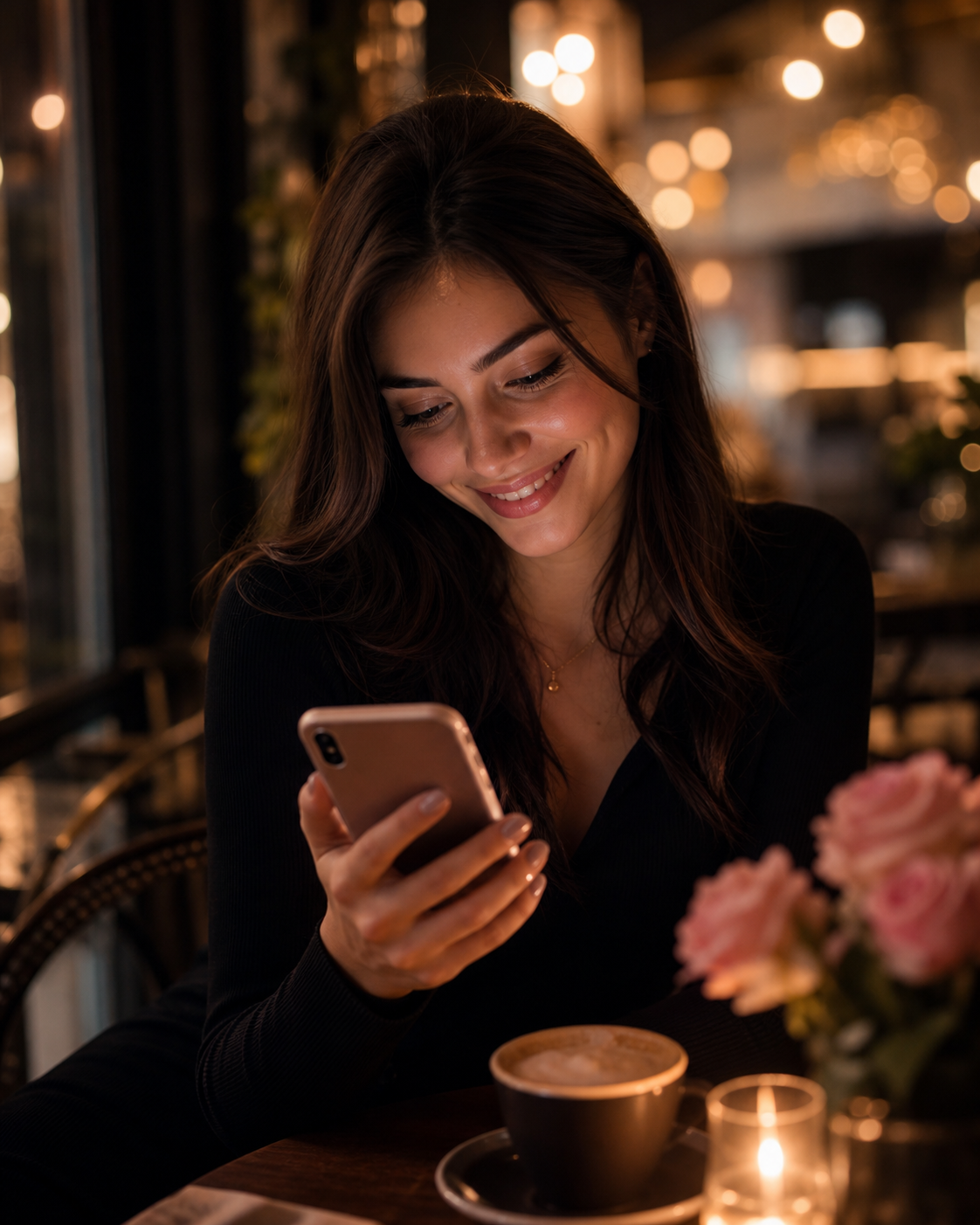 Eine Frau lächelt beim Öffnen einer Stella Noir Date-Einladung auf dem Smartphone