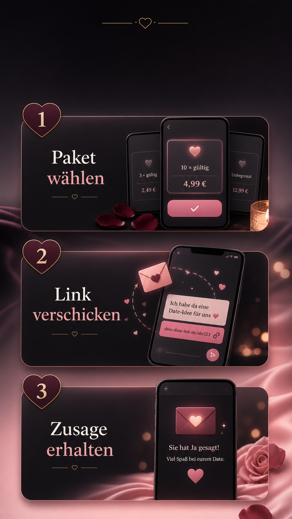 Stella Noir Ablauf: Paket wählen, Link verschicken und Zusage erhalten